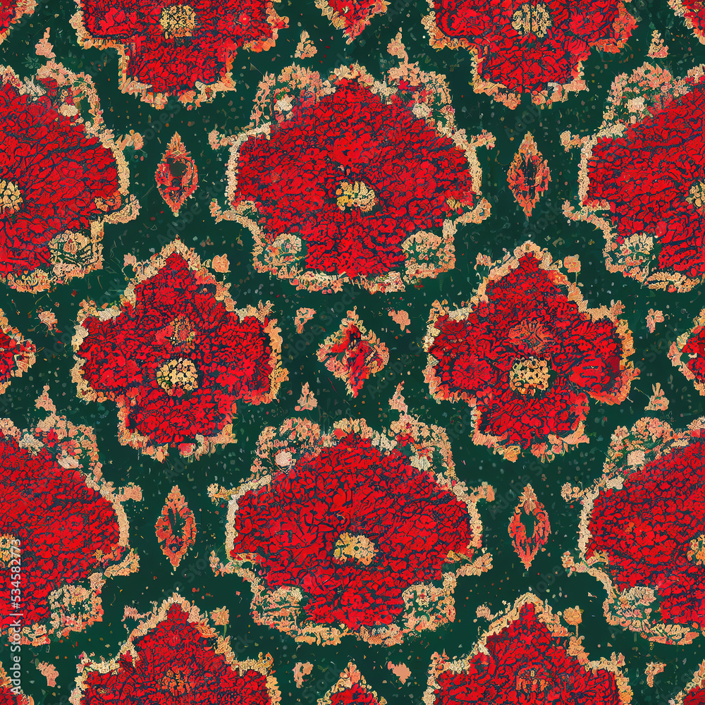 Red and green floral seamless pattern with texture of Persian wool carpet. AI-generated, not based on any actual photo