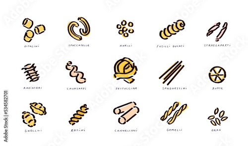 Pasta outline icons, doodle collection, pasta variety set