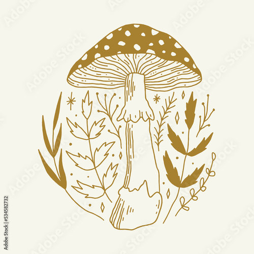 Witchcraft celestial fly agaric mushroom, goblincore, witchcore, fairycore style aesthetic, magical potion ingredients. Cartoon doodle style, woodland forest symbols. Vector and jpg printable image