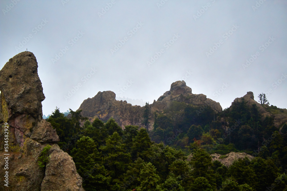 forest with mountains in the background and gray sky and big stone in foreground in mineral del chico hidalgo 
