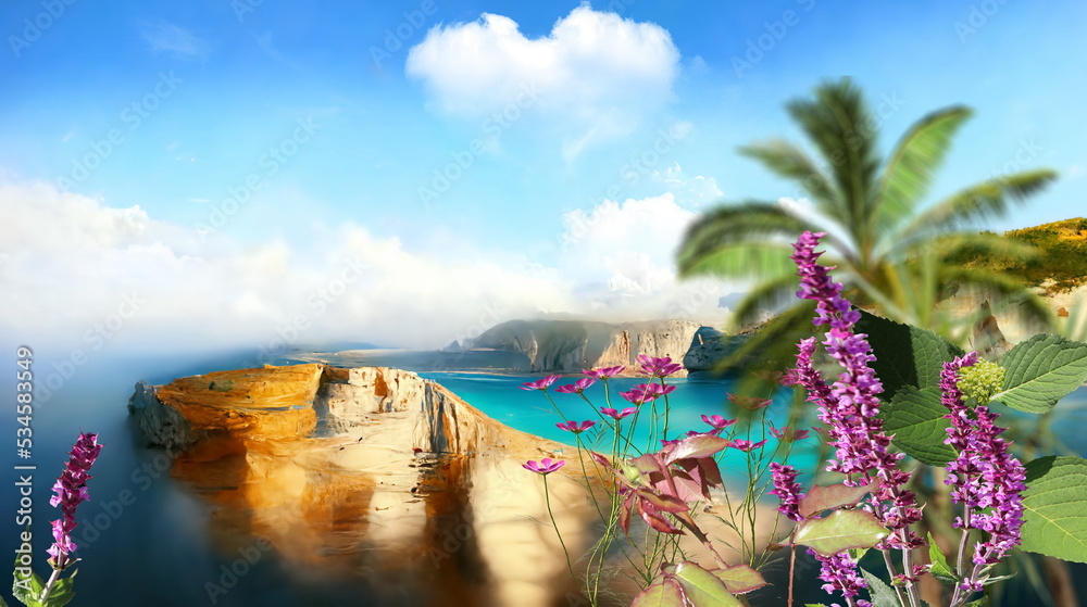  beaches blue sky ,white sand and  clouds in heart shape on blue sky ,exotic flowers ,sea wave blue lagoon  summer leisure vacation background