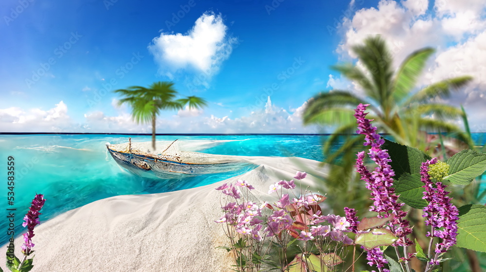 beaches blue sky ,white sand and  clouds in heart shape on blue sky ,exotic flowers ,sea wave blue lagoon  summer leisure vacation background