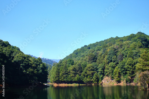 lake in forest with clear and blue sky in dam of the llano  villa del carbon state of Mexico 