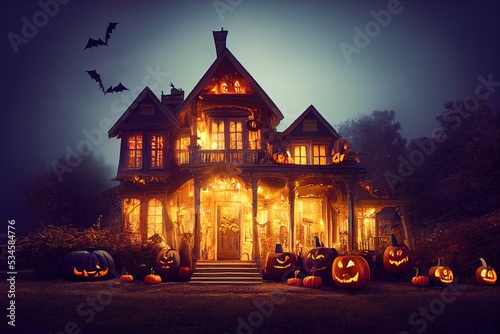 Halloween house with some bats and pumpkins. Scary building at night, trees and forest, bat. Ai generated image photo