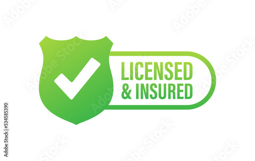 licensed and insured vector icon with tick mark and shield photo