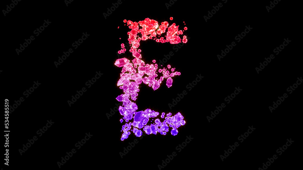 fancy luxury gems font, red and purple letter E, isolated - object 3D illustration