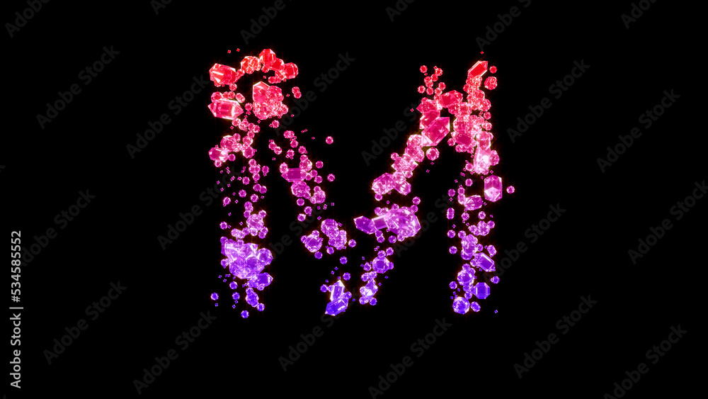 fancy glamorous gems font, red and pink letter M, isolated - object 3D rendering