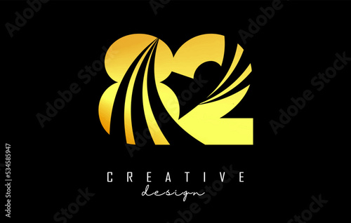 Golden Creative number 82 8 2 logo with leading lines and road concept design. Letter with geometric design. Vector Illustration with number and creative cuts.