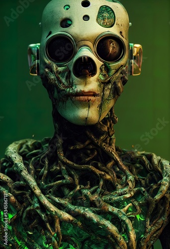 Creepy hafl cybernetic and rotten meat zombie portrait character.. The concept of a nightmarish zombie from the hellscape. Ugly covered with slime skeleton. Exposed skull and bones. 3d Illustration photo