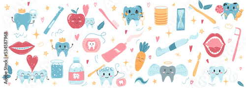 Hand drawn vector set of kawaii teeth characters and oral care products in cartoon flat style. Toothbrushes, toothpaste, mouth, dental floss. Dental care concept