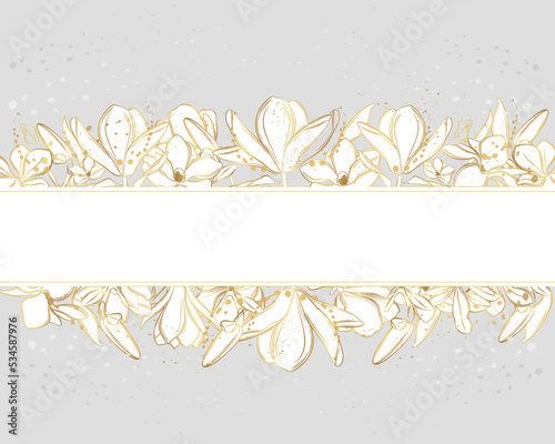 Vector banner with magnolia flowers on a gray background. Line art style.	