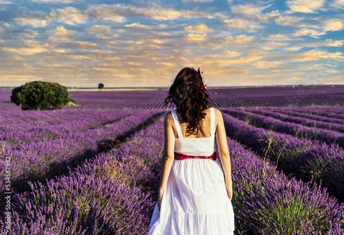 Back view of a woman in a dress walking in lavender flower field.