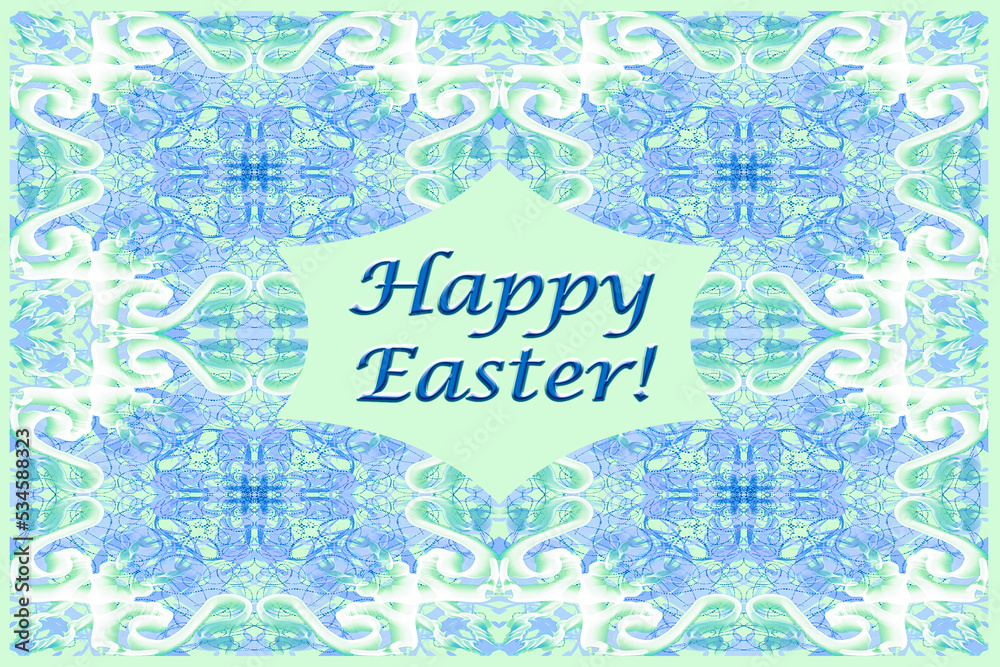 Happy Easter! Postcard template, colored background, 3D ornament, space for text