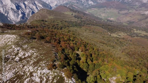 4k drone video panorama of the autumn mountains in liebana, picos de Europa, aerial view
 photo