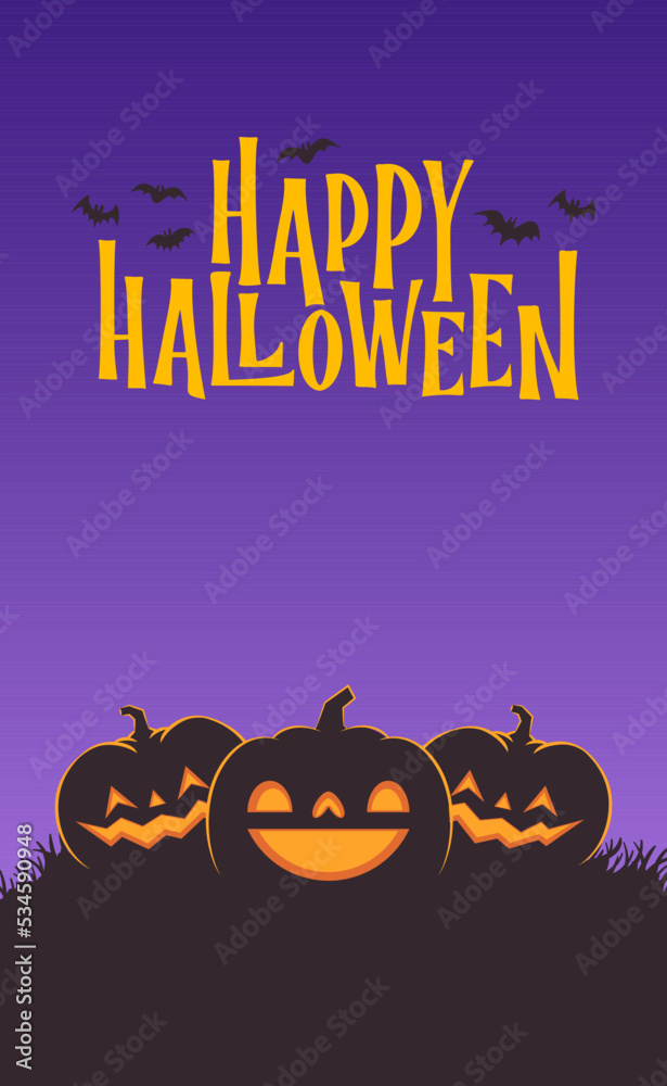 Halloween vertical banner with copy space. Carved Pumpkins Jack O Lantern design. Cute spooky design with fun elements.