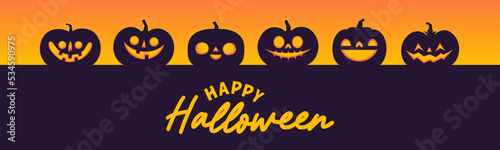 Halloween banner horizontal design with Jack o Lantern carved pumpkins. Simple cartoon spooky design. Trick or treat.