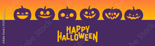 Halloween banner horizontal design with Jack o Lantern carved pumpkins. Simple cartoon spooky design. Trick or treat.