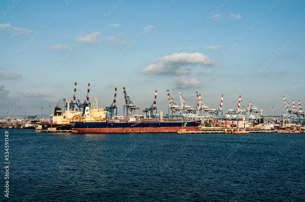 Cargo ship and cranes in the port