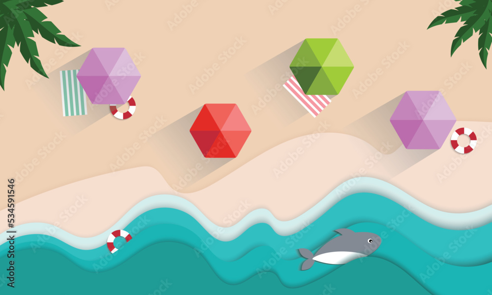 top view beach background summer with umbrellas, dolphin, rubber ring , sea. blue sea, warm beach sand. Concept of vacations vecter