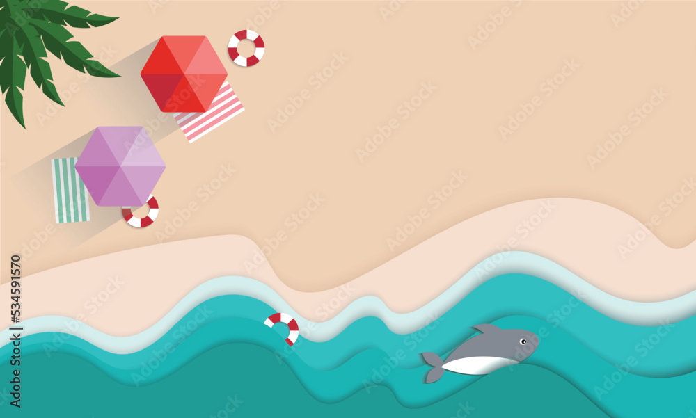top view beach background summer with umbrellas, dolphin, rubber ring , sea. blue sea, warm beach sand. Concept of vacations vecter top view beach background summer with umbrellas, dolphin, rubber ring , sea. blue sea, warm beach sand. Concept of vacations vecter