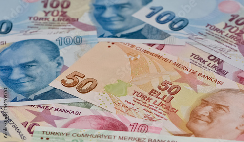various country banknotes. Turkish lira photos.