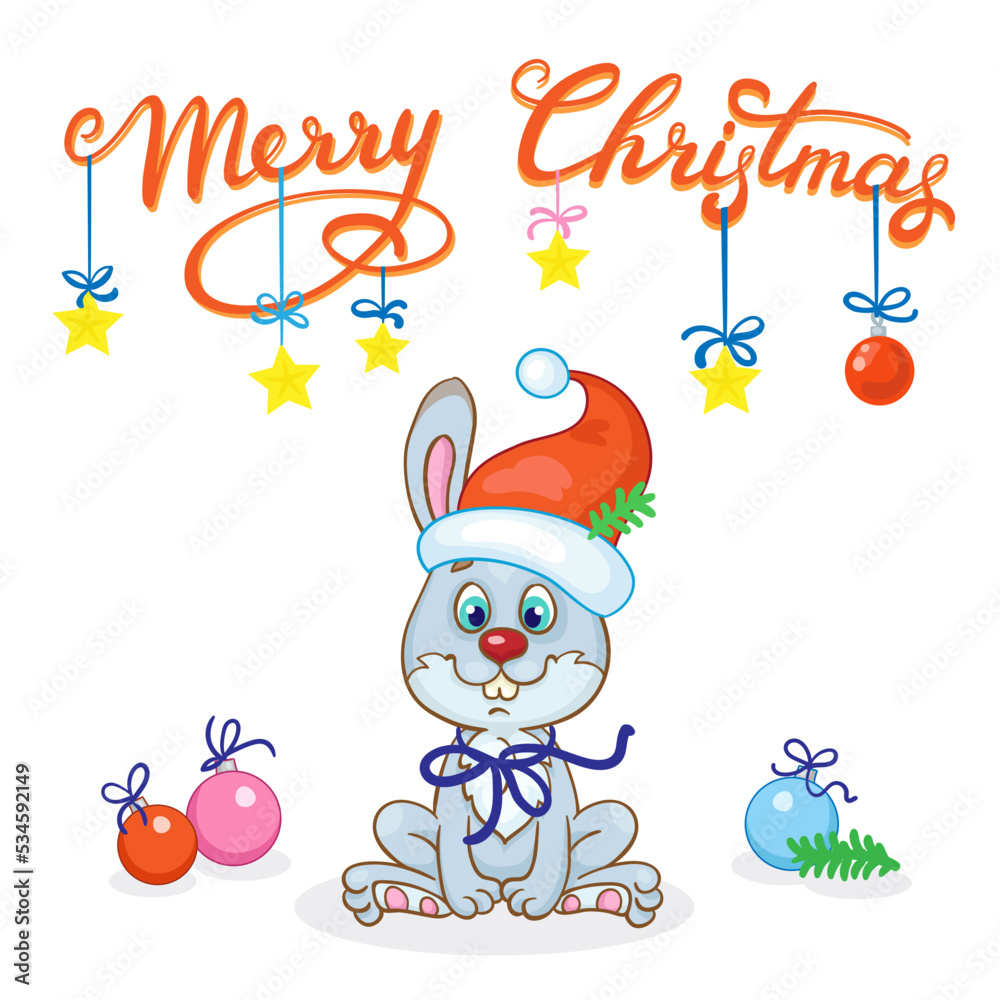 Merry Christmas! Funny gray bunny in a red cap - a symbol of the new year with glass balls, lettering and gold stars. Card in cartoon style. isolated on a white background. Vector illustration Merry Christmas! Funny gray bunny in a red cap - a symbol of the new year with glass balls, lettering and gold stars. Card in cartoon style. isolated on a white background. Vector illustration