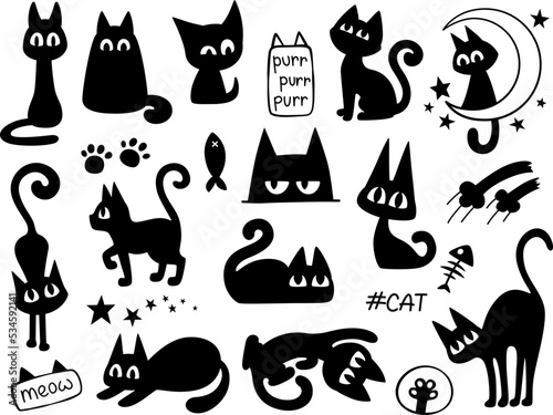 Black cats silhouettes set for halloween and other design. Vector shapes of cats isolated on white background. Funny and cute kittens collection