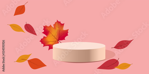 A podium for the product, a background of autumn leaves on a pink background. For an autumn sale, banner, poster, postcard.