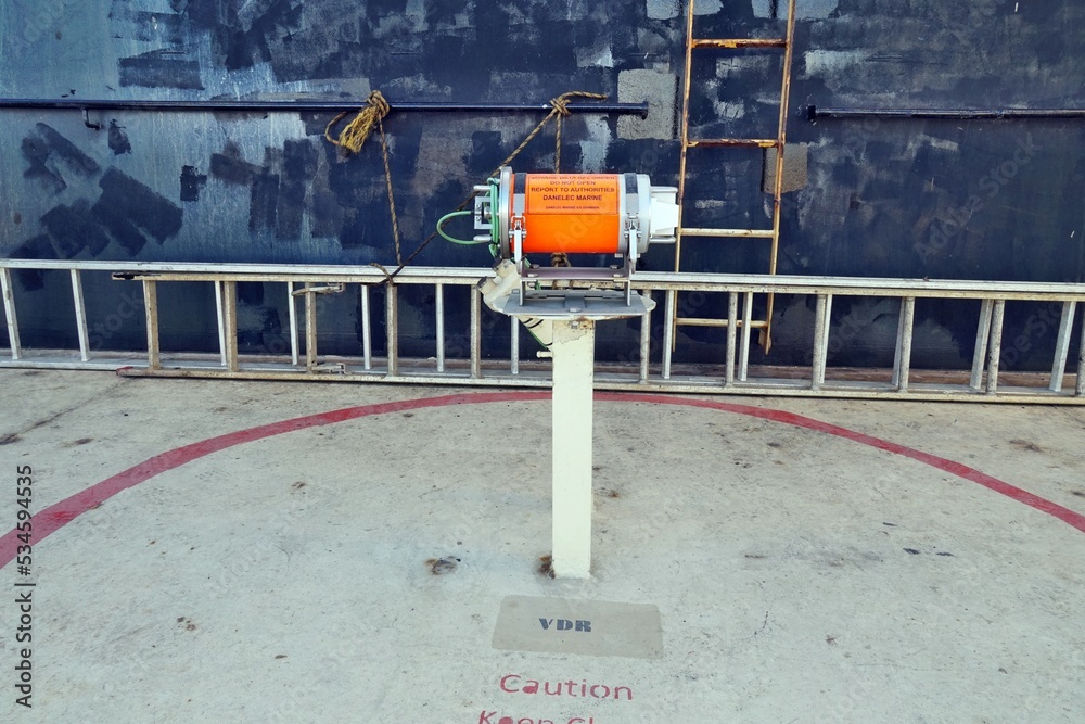 Orange box of voyage data recorder, vdr, on ship is equivalent of black