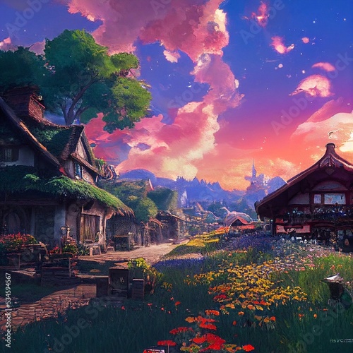liebevoll gezeichnetes Fantasy Dorf in warmen Farben,CG kunst,Wallpaper 