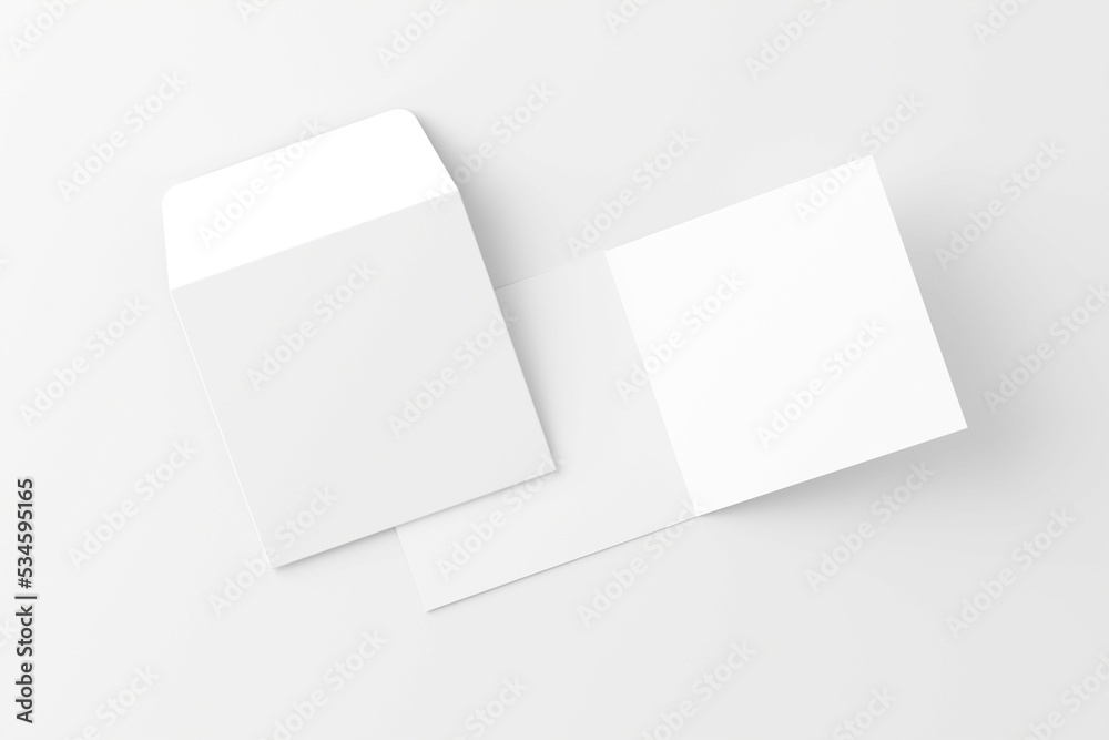 Square Folded Invitation Card With Envelope White Blank 3D Rendering Mockup Square Folded Invitation Card With Envelope White Blank 3D Rendering Mockup