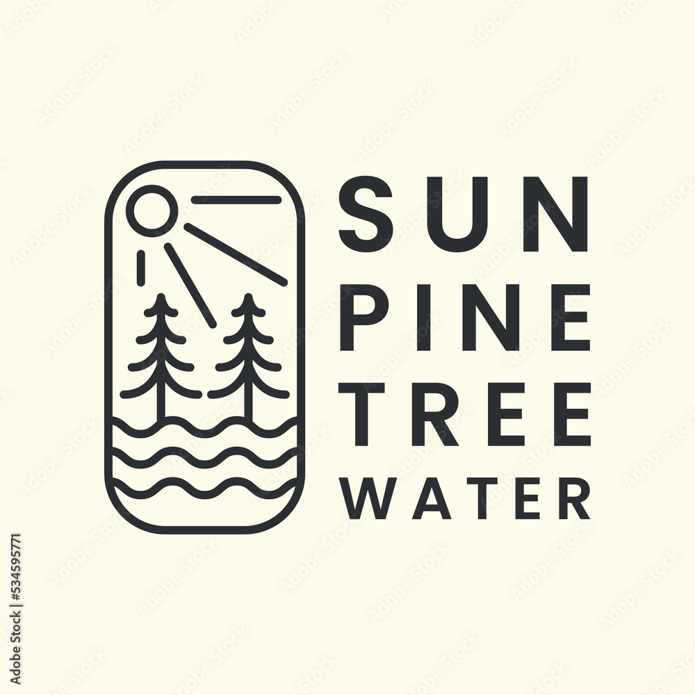 pine tree line art logo vector emblem template illustration design. sun, water logo concept pine tree line art logo vector emblem template illustration design. sun, water logo concept