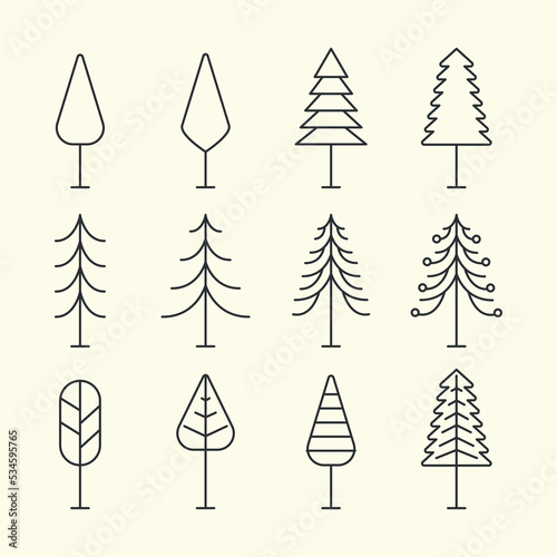 set pine line art logo vector template illustration design. tree bundle logo concept photo