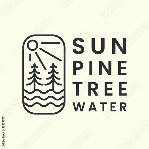 pine tree line art logo vector emblem template illustration design. sun, water logo concept
