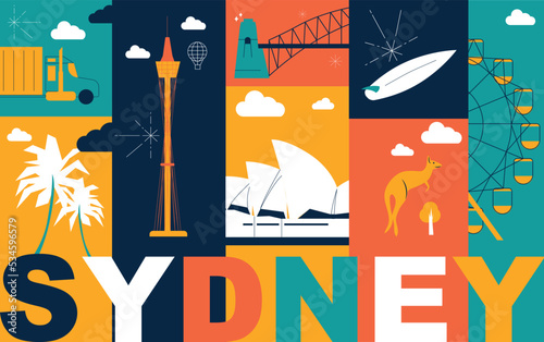 Typography word "Sydney" branding technology concept. Collection of flat vector icons, culture travel set famous architectures, specialties detailed silhouette. Australian landmark video split screen
