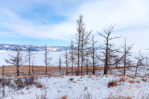 Landscape winter island Ogoy lake Baikal travel Russia