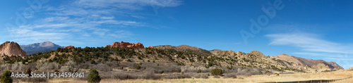 Clear blue sky panoramic view of a winter landscape in the American west, Colorado Springs, horizontal aspect