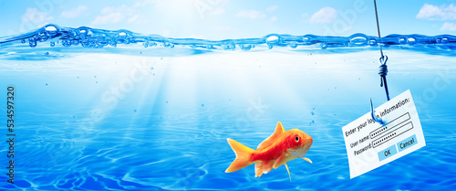 Phishing Concept - Under Water Scene With Goldfish And Login Information Attached To Large Hook 
