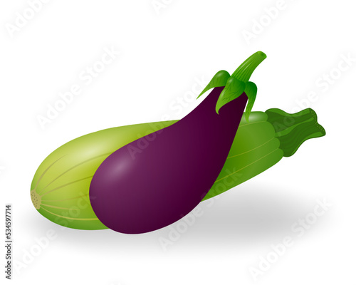 Fresh zucchini and eggplant. Vegetables isolated on white background. Vegan Day. Vegetarian organic food. Harvest of vegetables. Vector illustration.