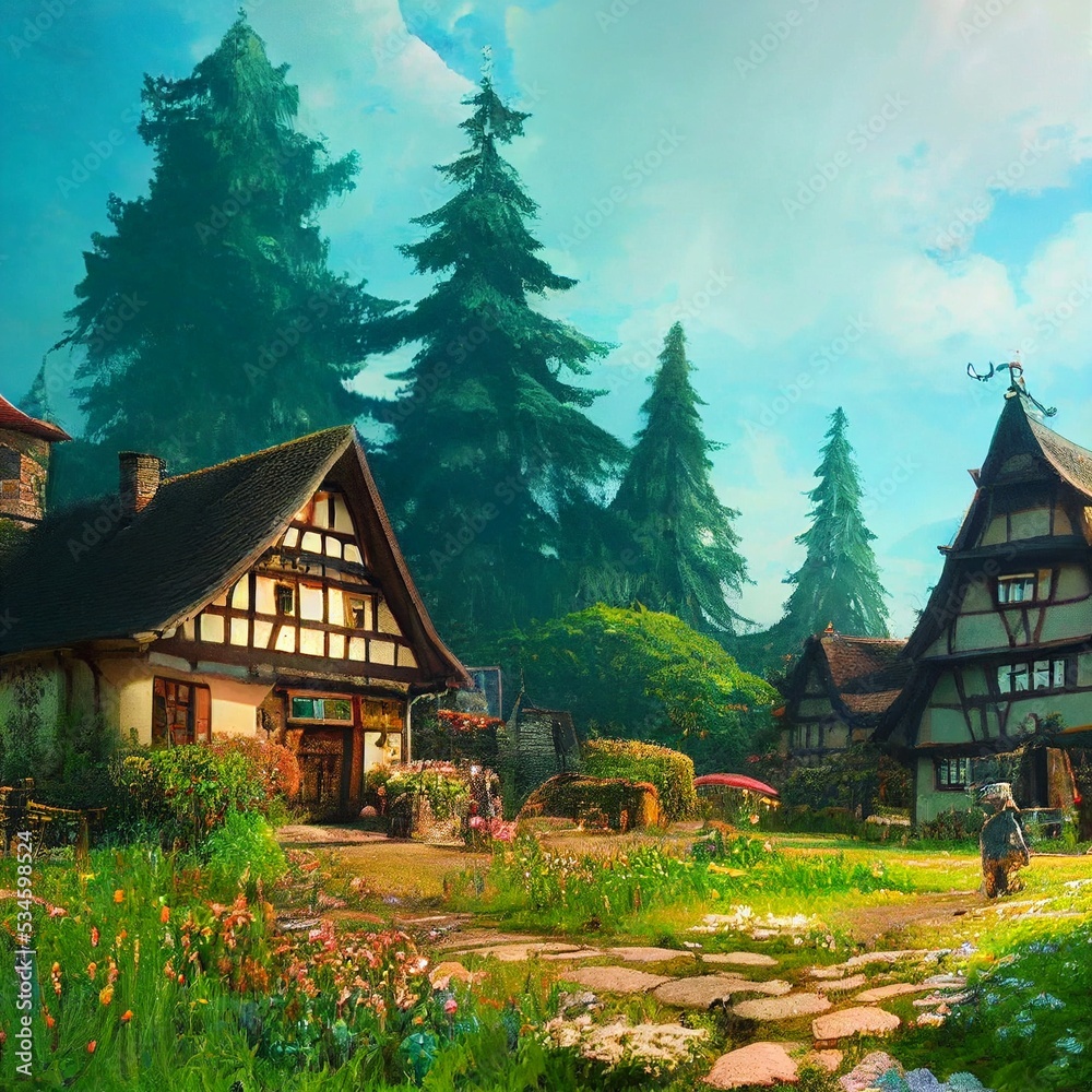 Fototapeta premium liebevoll gezeichnetes deutsches Dorf in warmen Farben,CG Kunst,Wallpaper