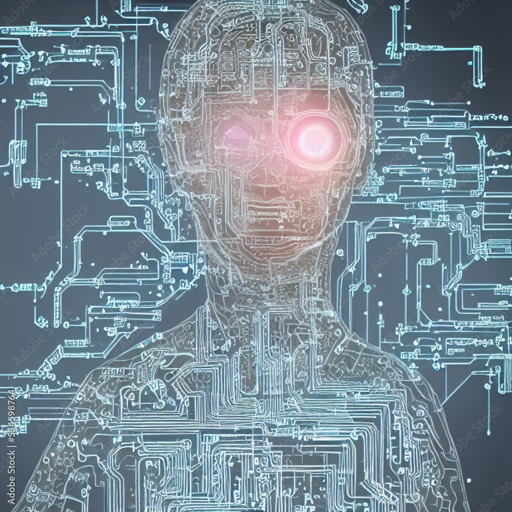 Fototapeta premium AI human android on electronic circuit board