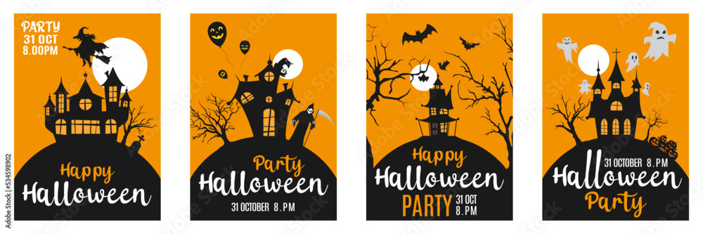 Vector set of yellow cards with castles. Happy Halloween party invitation on wood background. Holidays calligraphic inscription. Yellow background trick or treat Vector set of yellow cards with castles. Happy Halloween party invitation on wood background. Holidays calligraphic inscription. Yellow background trick or treat