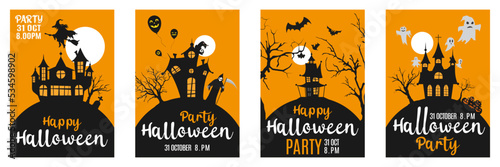 Vector set of yellow cards with castles. Happy Halloween party invitation on wood background. Holidays calligraphic inscription. Yellow background trick or treat