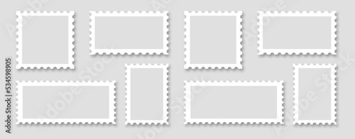 Postage stamp borders set. Vector isolated illustration. Mockup postage stamps with shadow.