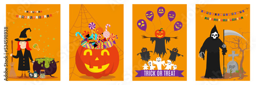 Vector set of cartoon style Halloween poster designs with halloween symbols and calligraphy. Funny halloween card. Party invitation design. Yellow background trick or treat