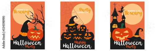 Halloween Party. Party invitation design and poster designs with halloween symbols. Halloween pumpkin patch in the moonlight