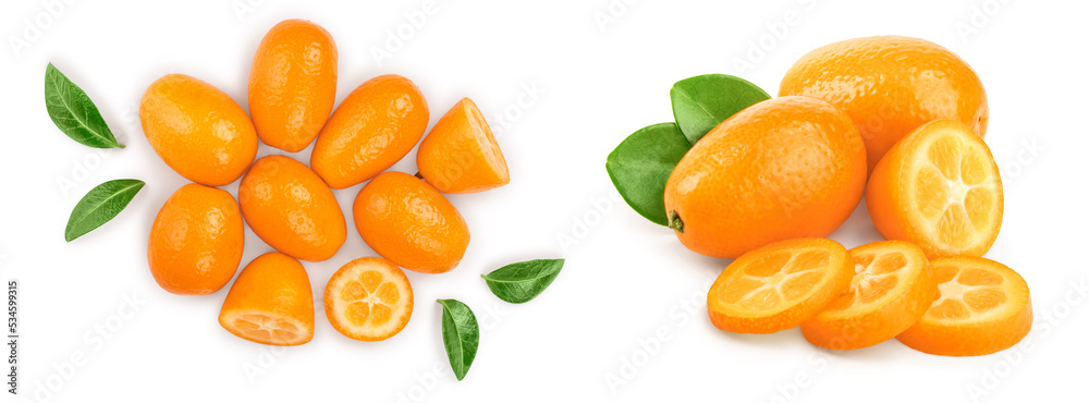 Cumquat or kumquat with half isolated on white background. Top view. Flat lay