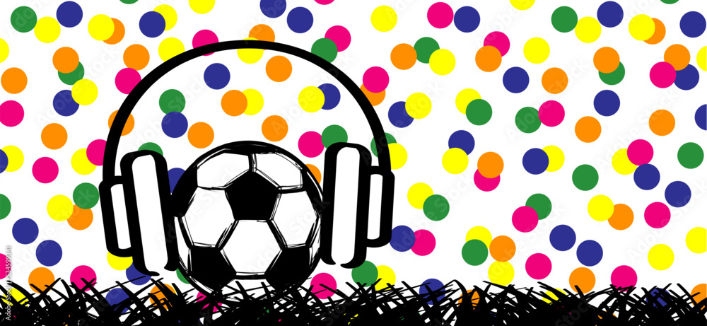 Cartoon soccer ball as stickman, stick figure man with music party, headphones. Vector dance supporters cheers or singing. For world wk, ek sport finale, sports game cup. Mascot character with victory Cartoon soccer ball as stickman, stick figure man with music party, headphones. Vector dance supporters cheers or singing. For world wk, ek sport finale, sports game cup. Mascot character with victory