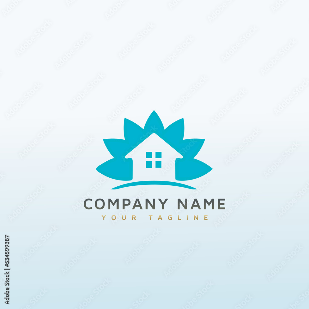 House with flower and cartoon real estate logo House with flower and cartoon real estate logo