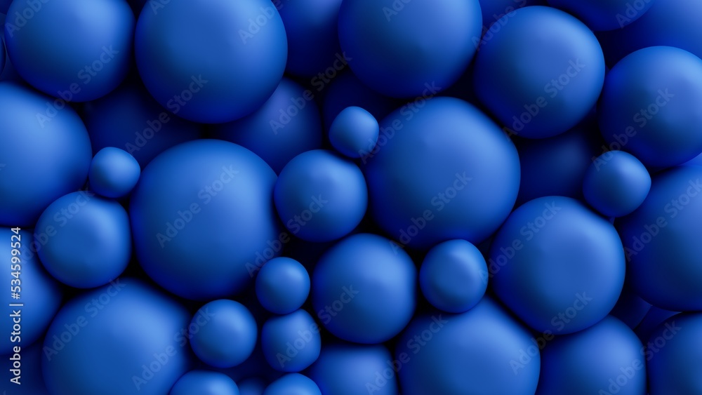 3d render, abstract blue background with balls, bubbles and balloons. Pressed round shapes. Simple geometric wallpaper